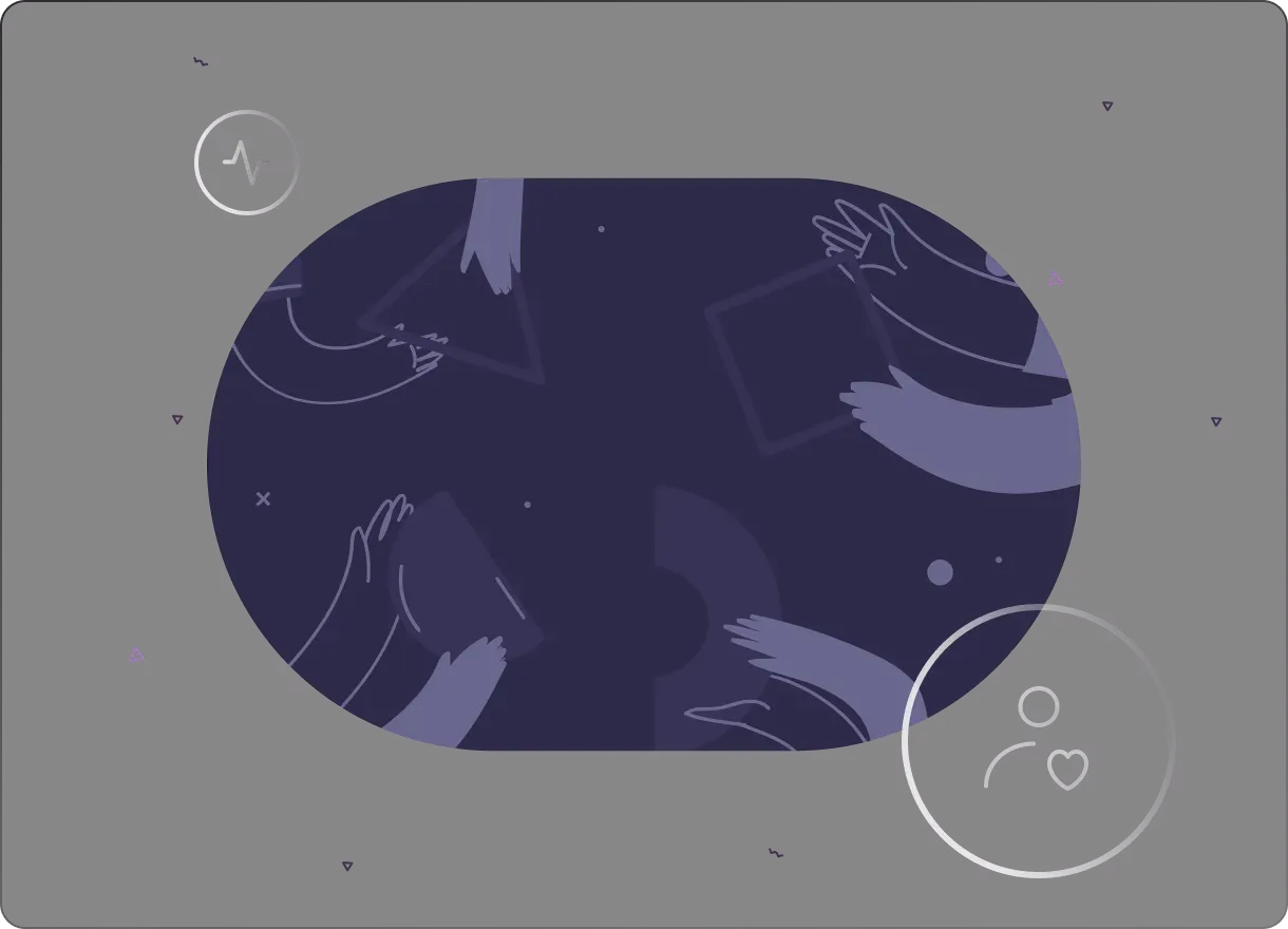 Abstract illustration featuring floating hands and geometric shapes on a dark background, with icons representing privacy and activity, symbolizing secure, no-log browsing.